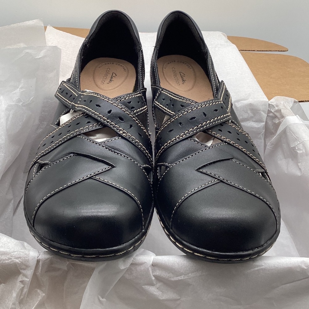 Clarks Collection Black Leather Ultimate Comfort Mary Jane Loafers Shoes Womens
